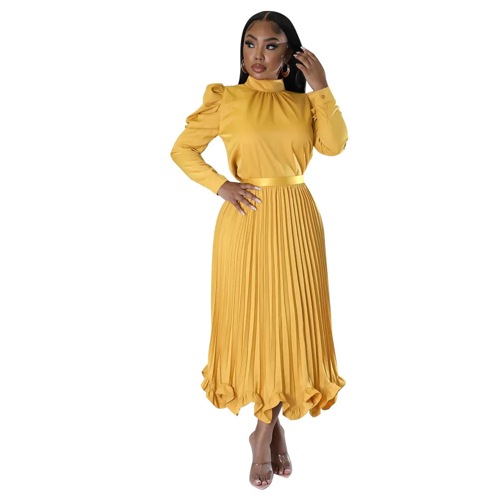 Women’s Solid Color O-Neck Lantern Sleeve Blouse + A-Line Flounce Formal Pleated Maxi Skirt w/ Sash Belt 2-Piece Set