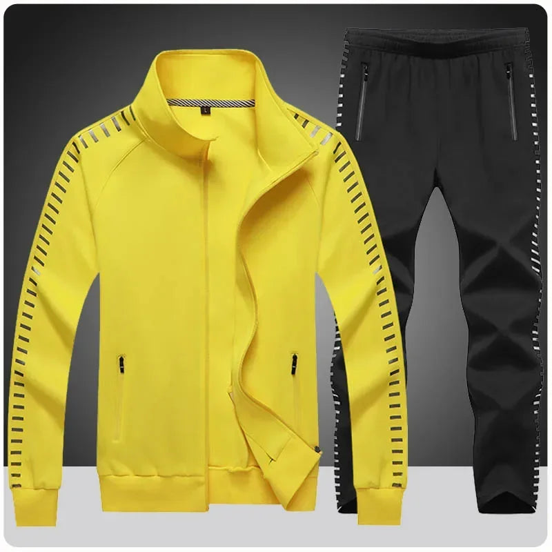 Men's Mandarin Collar Side Striped Sleeve Sport Zipper Jacket + Sweatpants Tracksuit