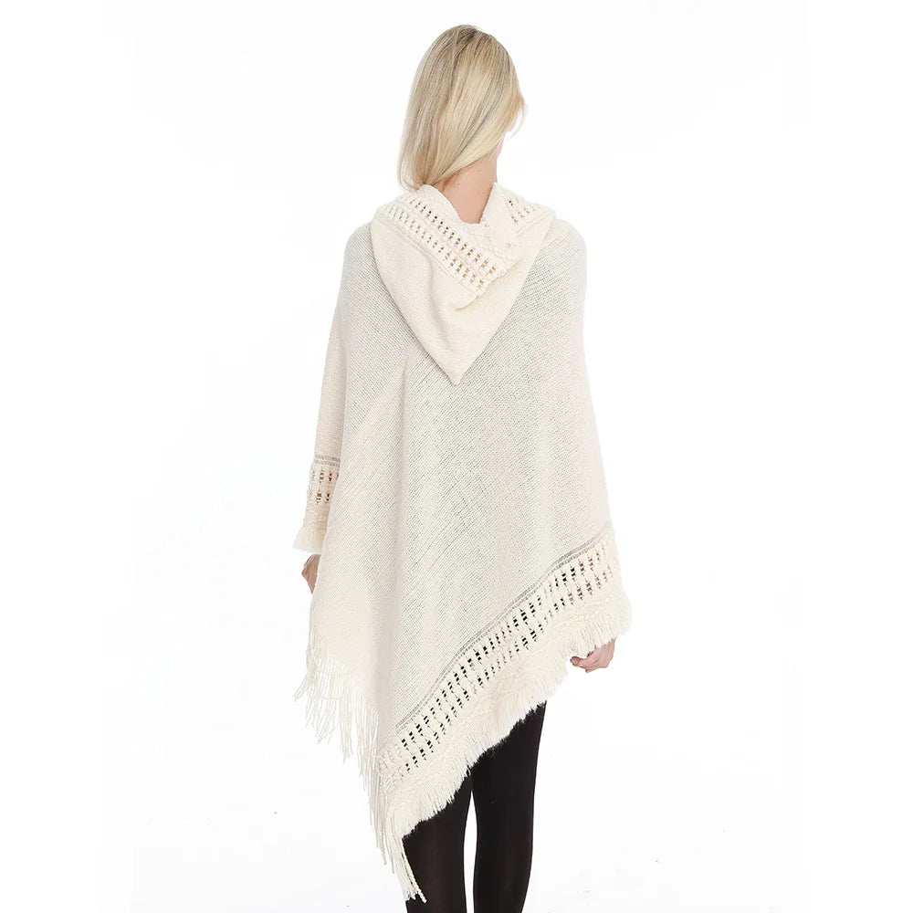 Fringe Tassel Women's Knitted Hooded Crochet Shawl Wrap Sweater