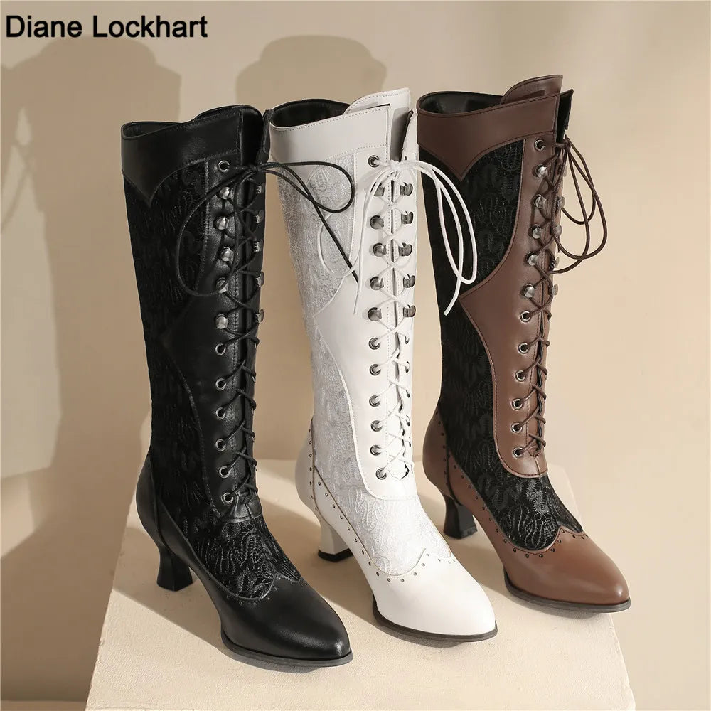 Lace Tie-Up Victorian Pointed Toe Mid-Calf Steampunk Boots