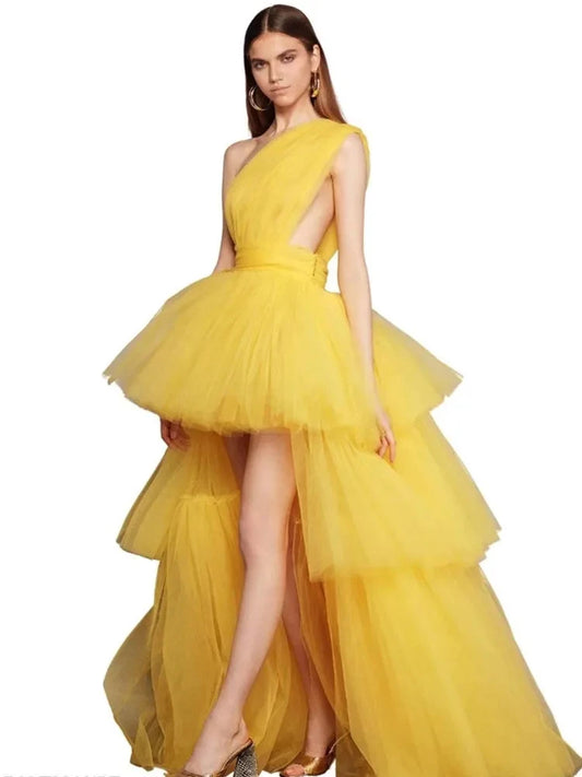 Yellow Pleated Layered Organza Tiered Asymmetrical One Shoulder Prom/Party Formal Dress w/ Train