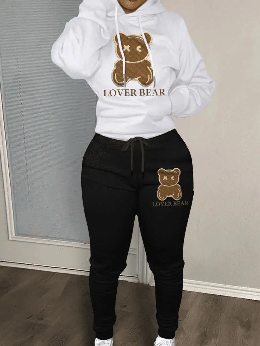 "Lover Bear" Print Kangaroo Pocket Long Sleeve Hoodie + Drawstring Sweatpants Two-Piece Tracksuit