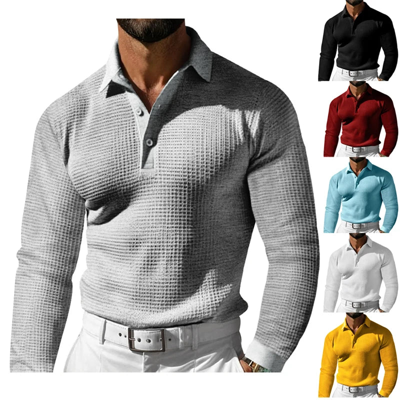 Men's Waffle Pattern Long Sleeve Turn-Down Collar Pullover Polo Shirt