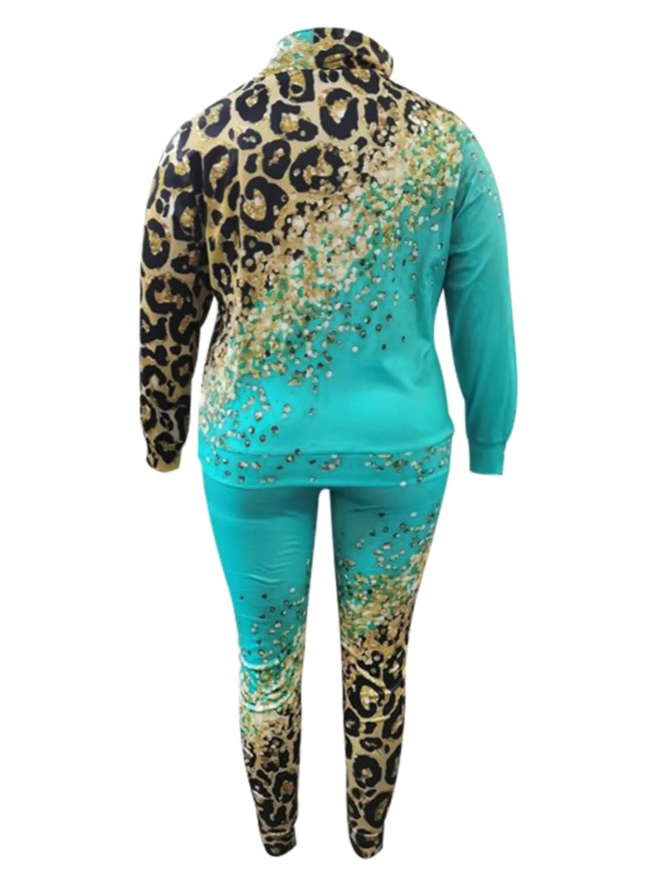 Green/Gold Colored Leopard Turtleneck Long Sleeves Leopard Print Striped Tracksuit to 5X Plus Size