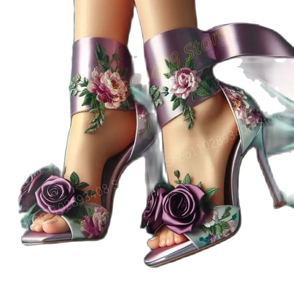 Purple Satin Rose Flower Open Toe Stiletto High Heel Formal Bridal Party Sandal Pumps