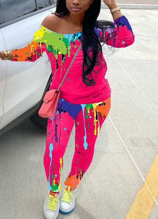 Dripping Paint Off Shoulder Long Sleeve Top + Matching Leggings Set to 4X Plus