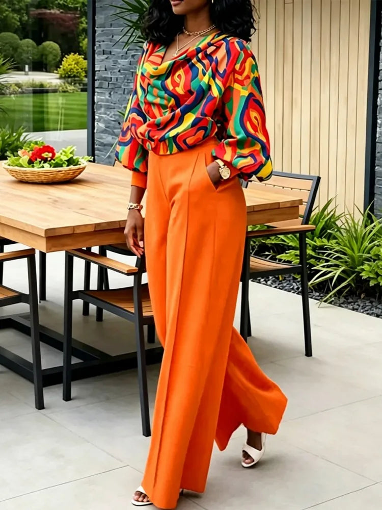 Geometric Print Women's Long Sleeve Top + Solid Color Pants Set to 5X Plus Size