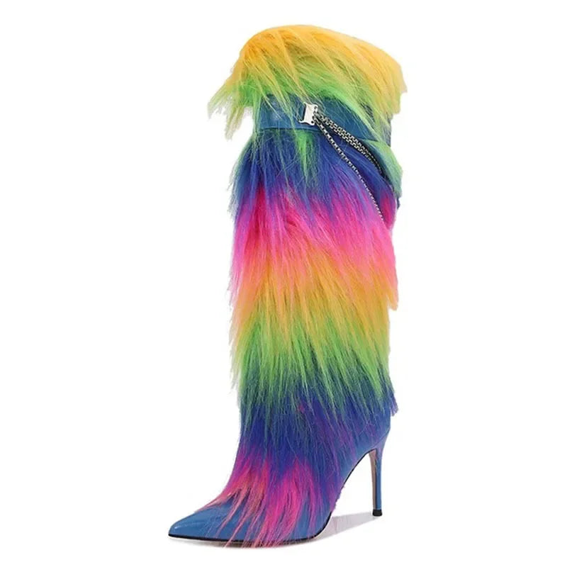 Shaggy Fur Stiletto Heel Pointed Toe Women's Knee-High Boots