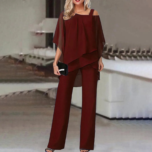 Chiffon Formal One Strap Women's Solid Cold Shoulder Loose Blouse + Pants 2-Piece Set