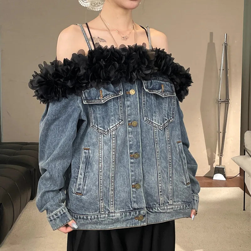 Denim Faded Light Blue Irregular Washed Black Rose Flower Trim Off-the-Shoulder Women's Double Pocket Design Jean Jacket