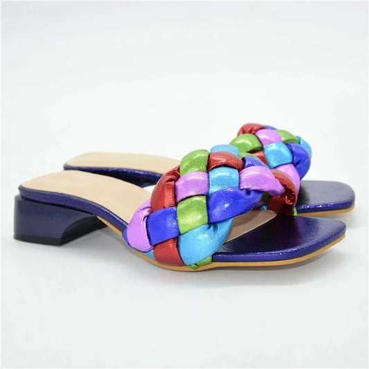 Rainbow Colorblock Weave Pattern Flat Open Toe Women's Sandals