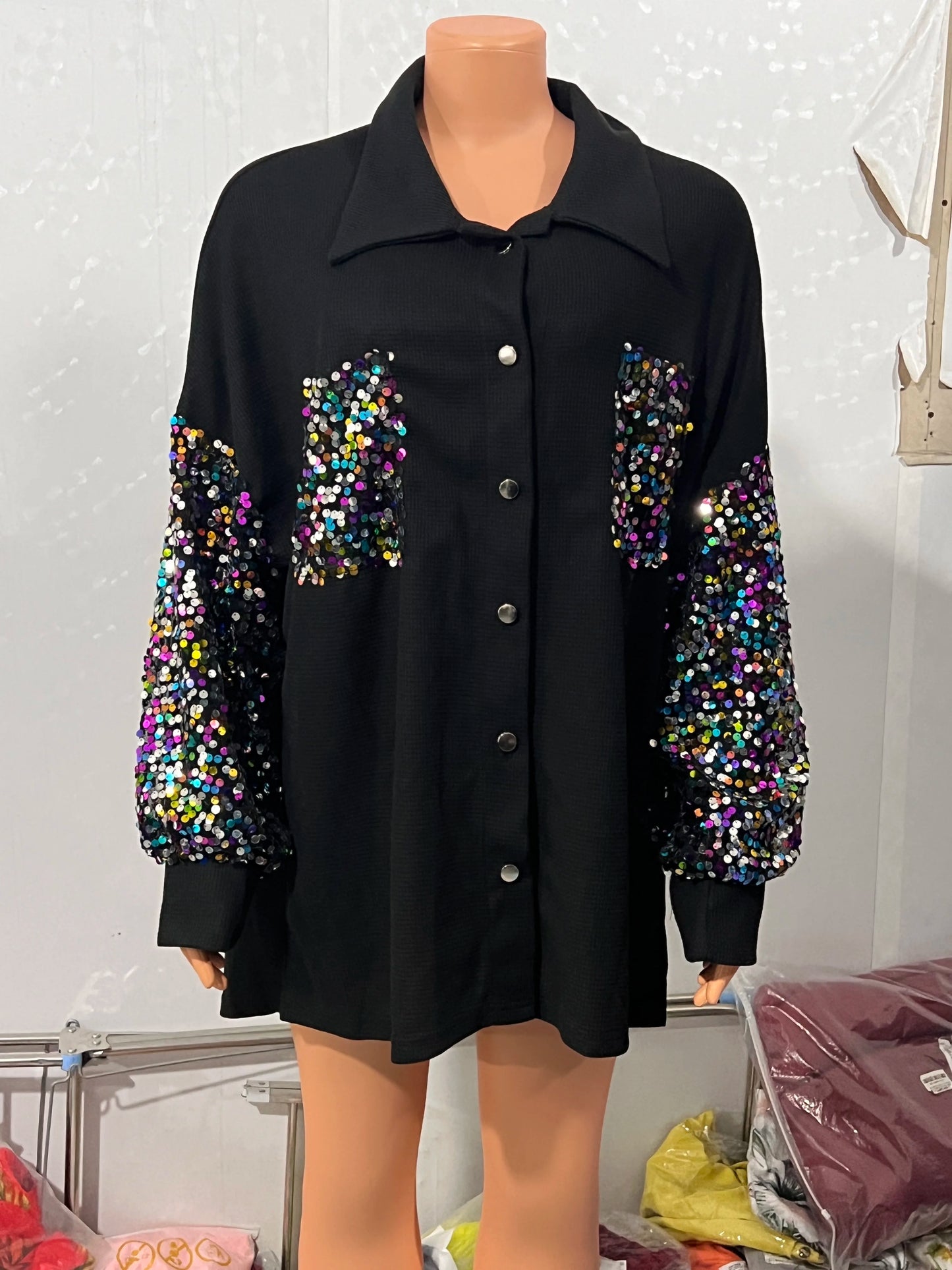 Sequin Glitter Patchwork Colorblock Turn-Down Collar  Waffle Knit Shacket