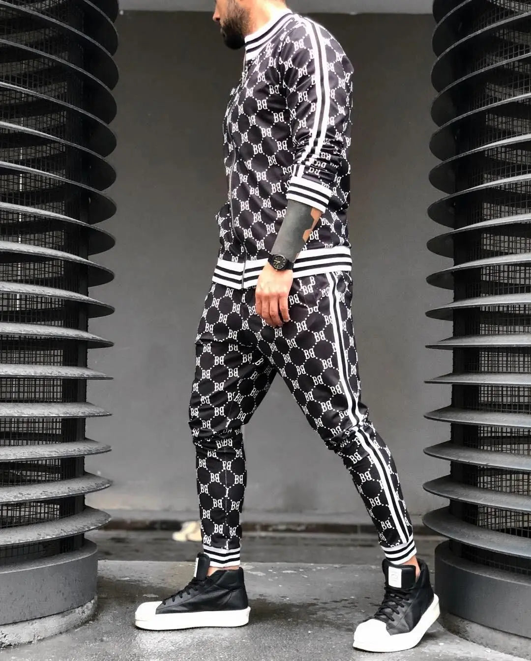 Velvet Monogram Side Striped Print O-Neck Sweat Jacket + Sweatpants Tracksuit