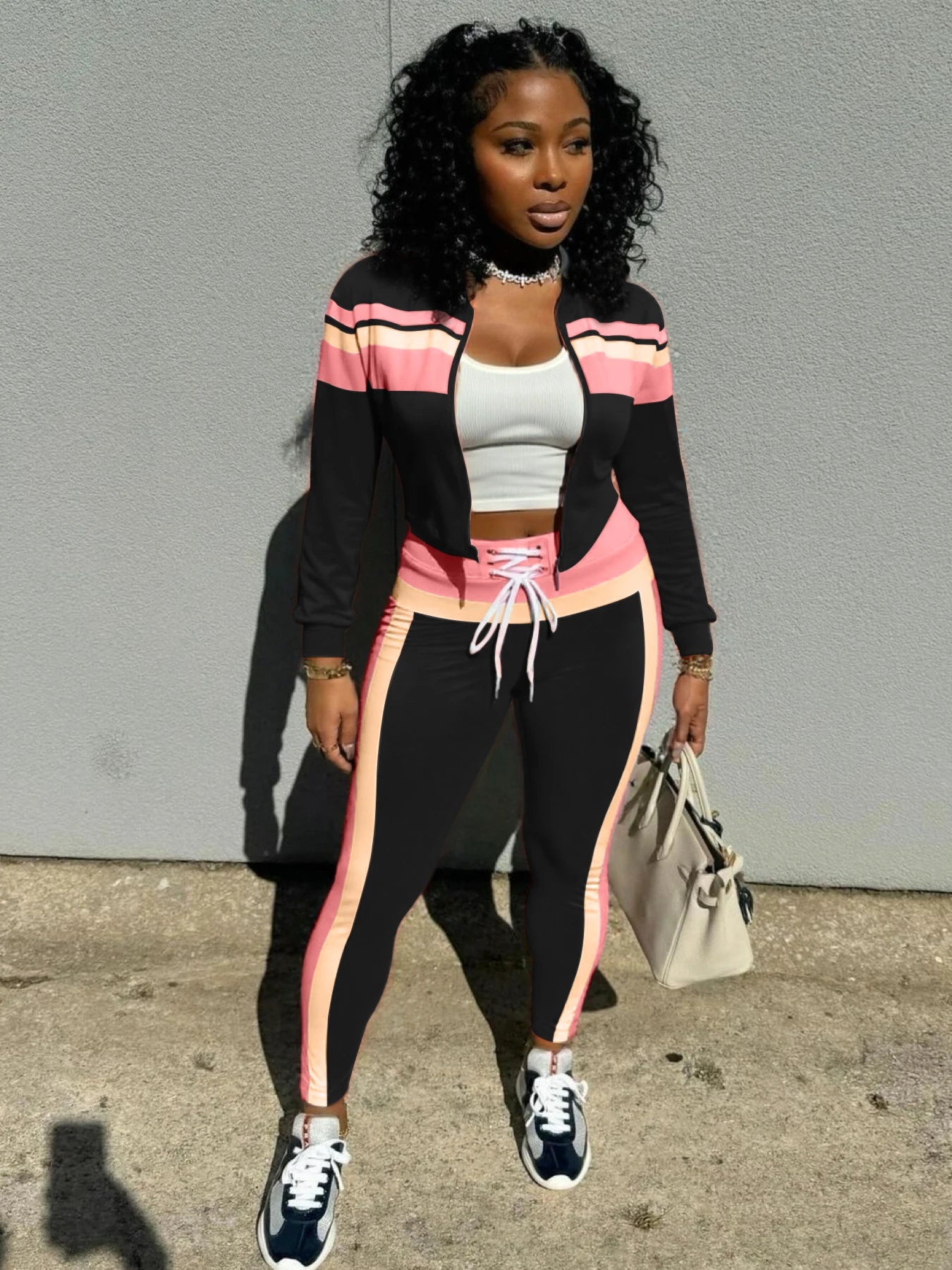 Colorblock Striped Patchwork Women's Long Sleeve Zipper Cropped Sports Jacket + Drawstring Spandex Skinny Leggings Tracksuit
