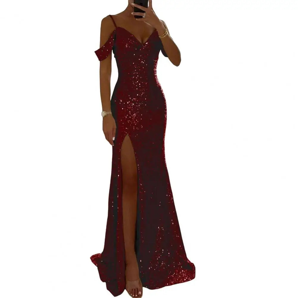 Shiny Sparkling Sequin Off-the-Shoulder V-Neck High Side Slit Party Maxi Dress