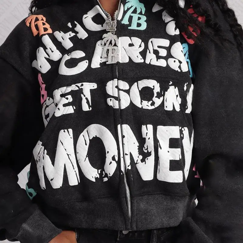 Retro "Who Cares Get Some Money" 3D Letter Print Graphic Streetwear Zipper Hoodie Sweatshirt