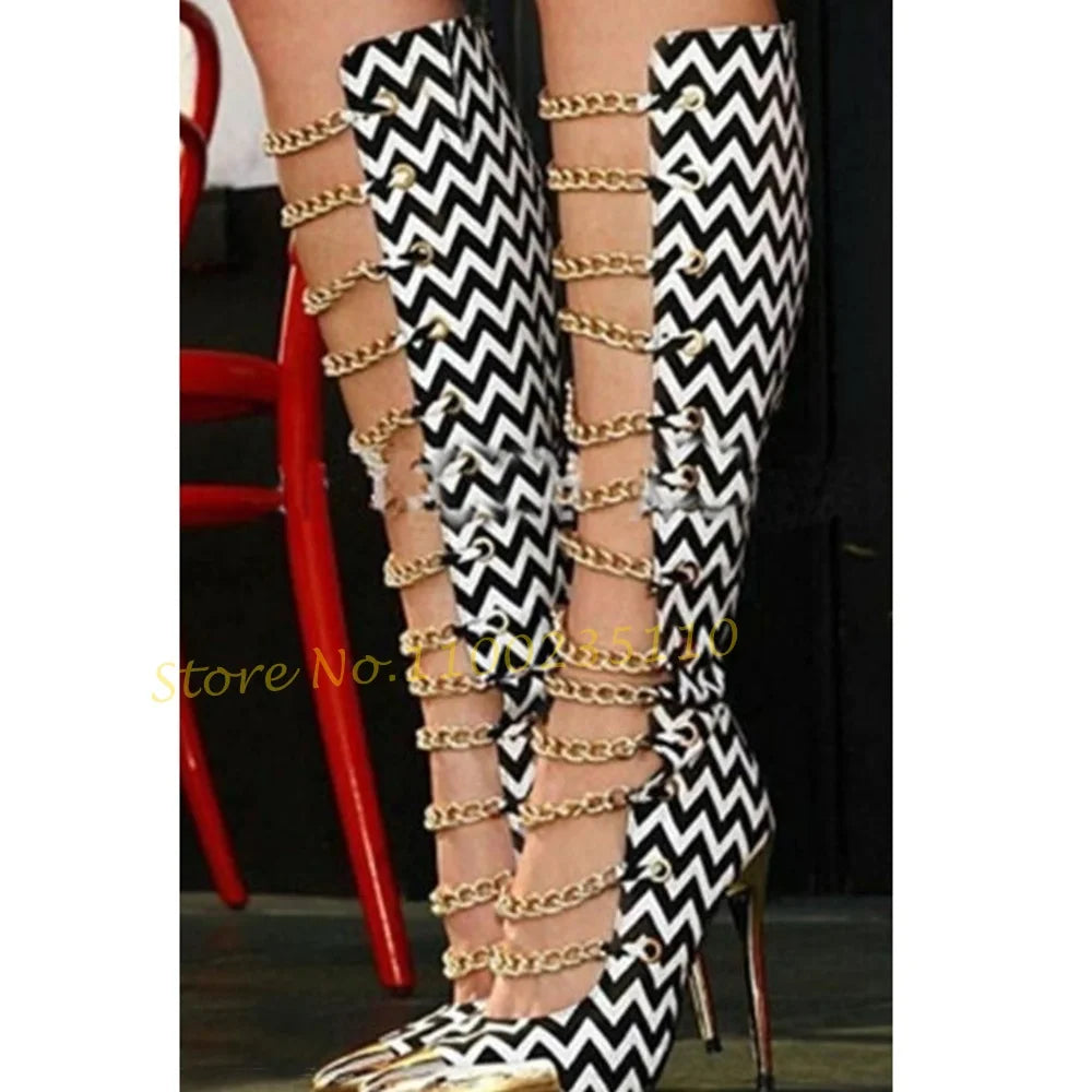 Zebra Striped Chain Women's Gladiator Metal Toe Iron Spliced Stiletto Heel Boots