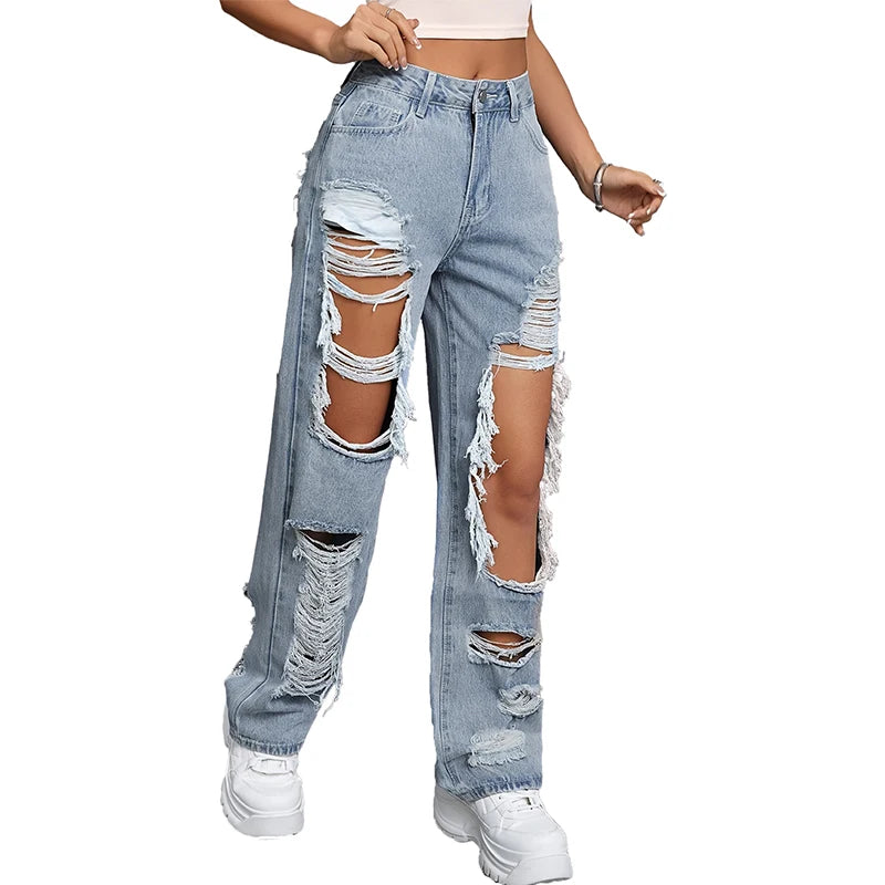 Ripped Denim Hollow-Out Washed Women's Baggy Hip-Hop Streetwear Jeans