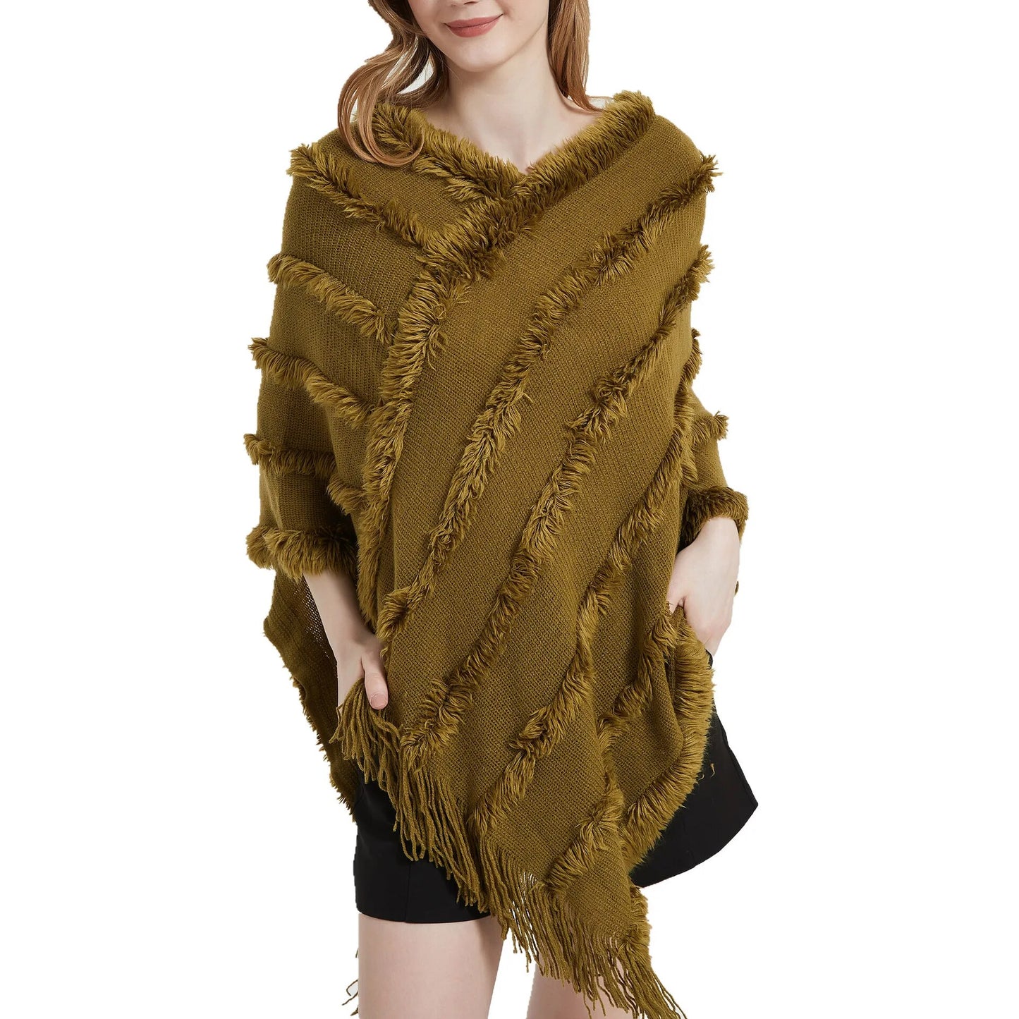 Tassel Hem Ladies Pullover Knitted Poncho Cape Shawl