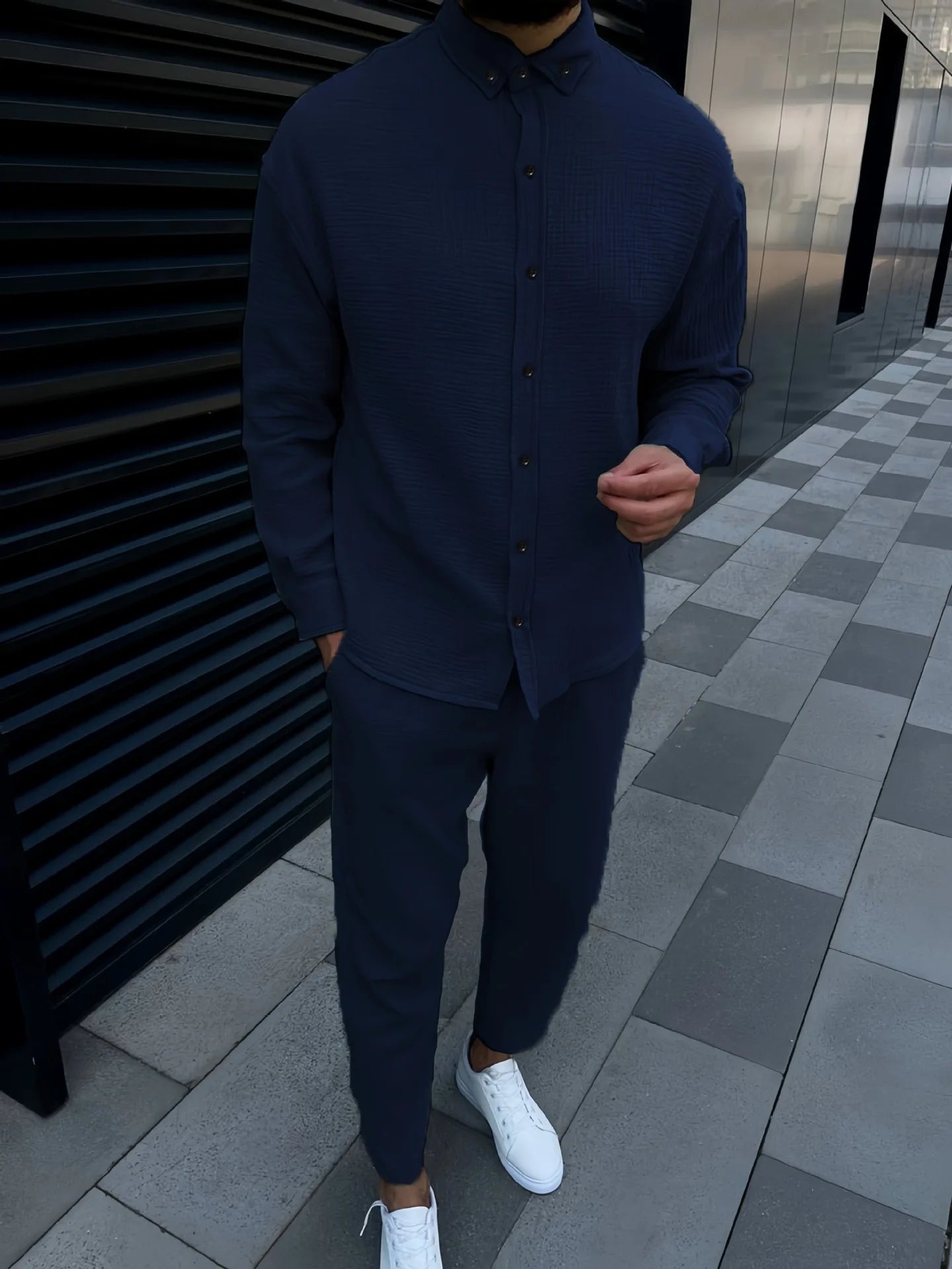 Men's Solid Color Long Sleeve Button Down Turn-Down Collar Shirt + Drawstring Pants 2-Piece Set