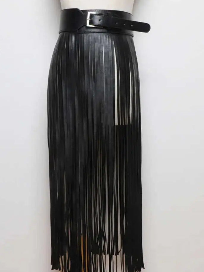 PU Leather Black Tassel Fringe Design Solid Color Maxi Skirt