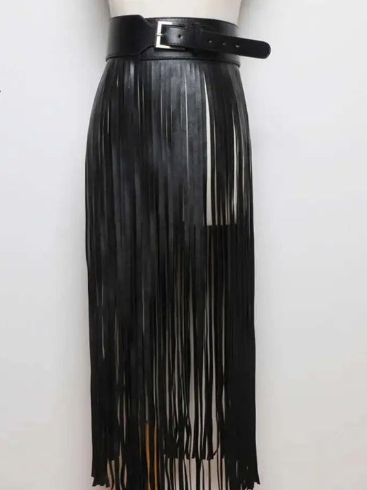 PU Leather Black Tassel Fringe Design Solid Color Maxi Skirt