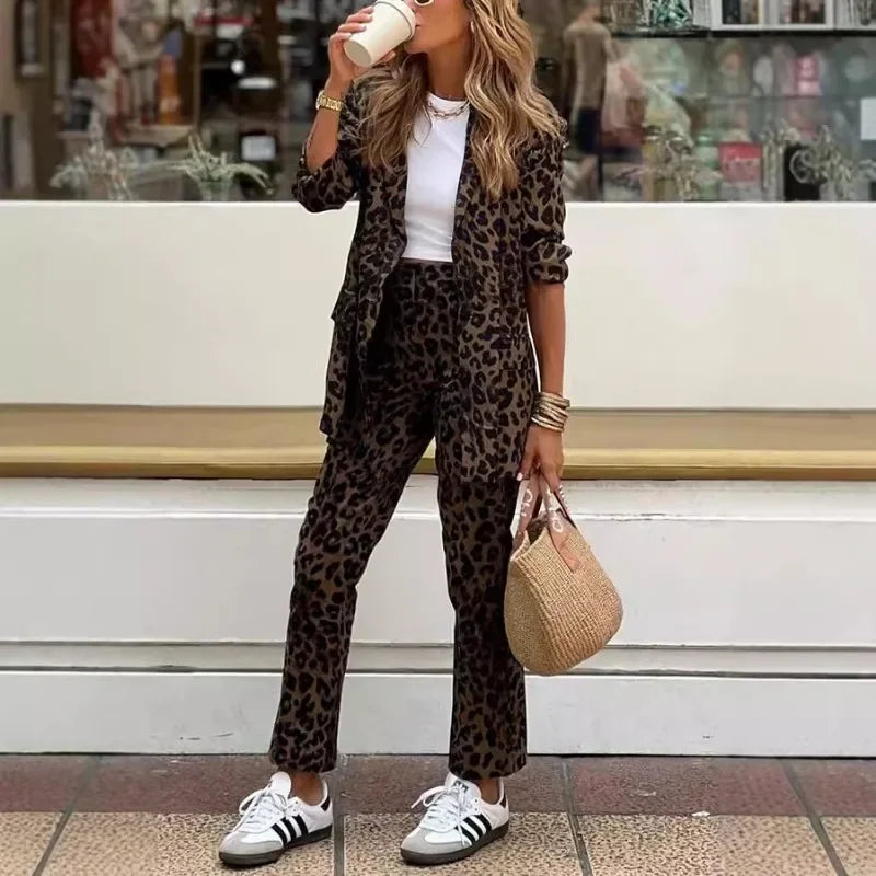 Leopard Printed Women's Long Sleeve Blazer Jacket + Trouser Pants Office Suit