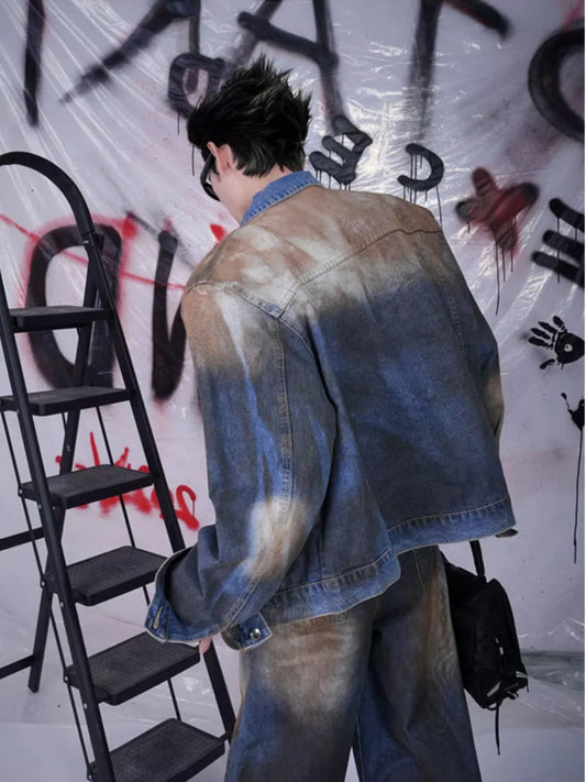 Men's Denim Faded Colorblock Distressed Denim Jean Jacket + Matching Jeans 2-Piece Set