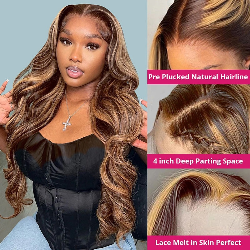 Highlighted 360 Lacefront/4×4/13x4/13×6 Body Wave P4/27 Highlight Wig Human Hair Ombre 13x4 Lace Frontal Wigs