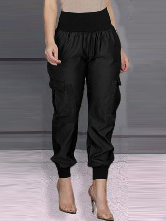 Elastic Solid Vintage Elastic Waist Women's Cargo Pocketed Ankle-Length Pants to 5X Plus Size