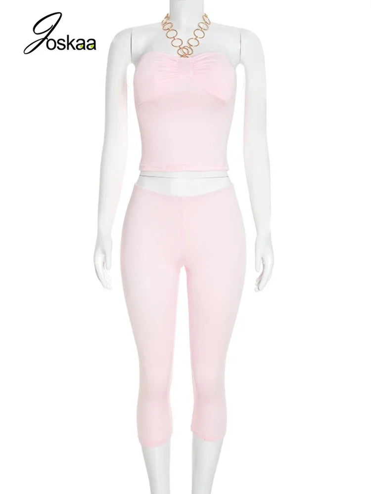 Sleeveless Solid Color Metal Ring Corset Crop Top+ High Waist Capri Pants Women's 2-Piece Set
