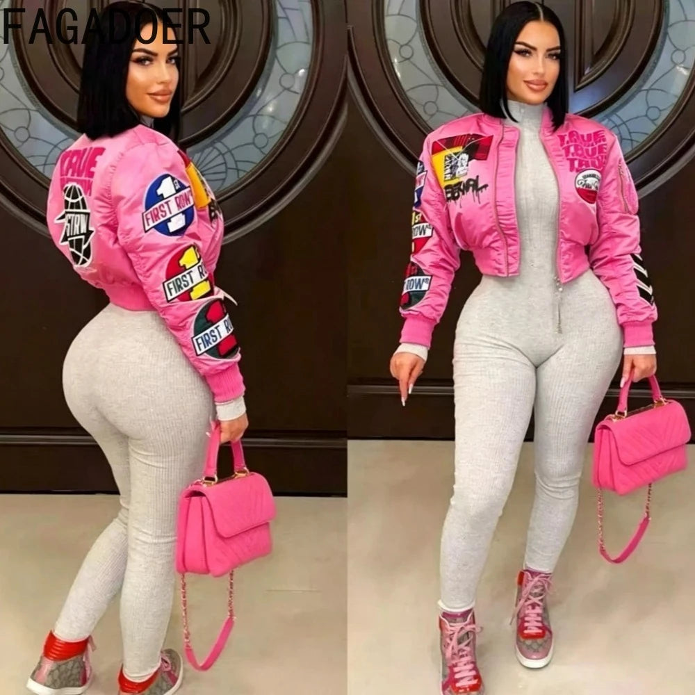 Varsity Patchwork Letter Print Long Sleeve Women's Crop Jacket