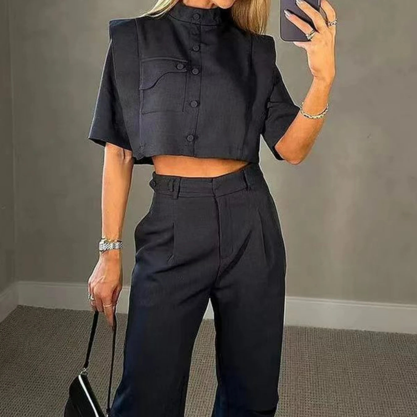 Button-Up  Short Sleeve Cropped Solid Blouse + High-Waisted Ripped Wide Leg Commuter Pants Ladies Pants Suit