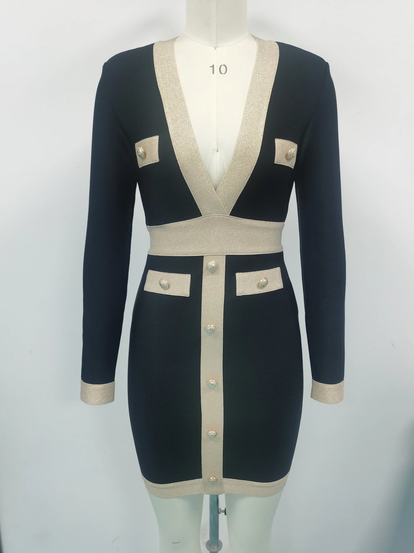 Gold Button Detail Colorblock Long Sleeve Deep V-Neck Bodycon Bandage Formal Party Dress