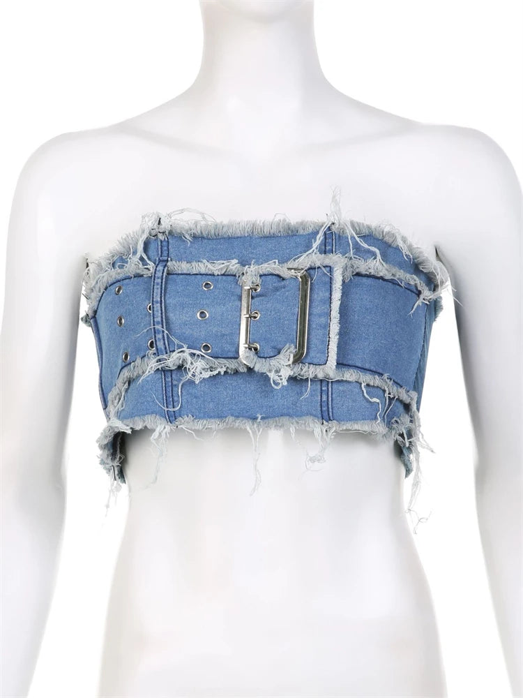 Blue Colorblock Strapless Belt Buckle Design Denim Cropped Bra + Belted Mini Jean Skirt 2-Piece Set