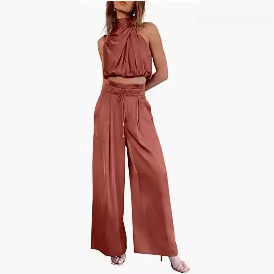 Sleeveless Turtleneck Ruched Crop Top + Bell Bottom Wide Leg Women's Pants 2-Piece Set