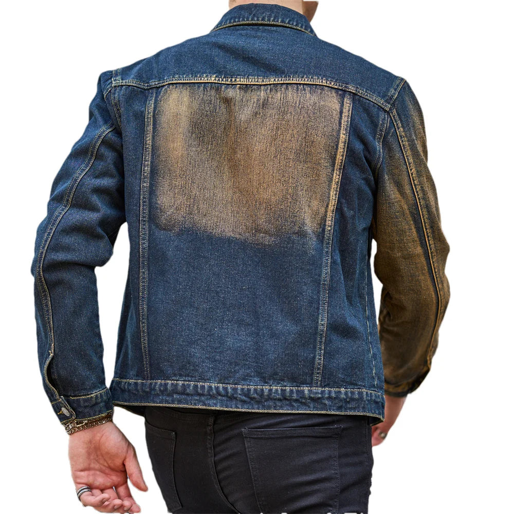 Men's Denim Irregular Colorblock Print Streetwear Ripped Hole Design Distressed Skinny Jean Jacket
