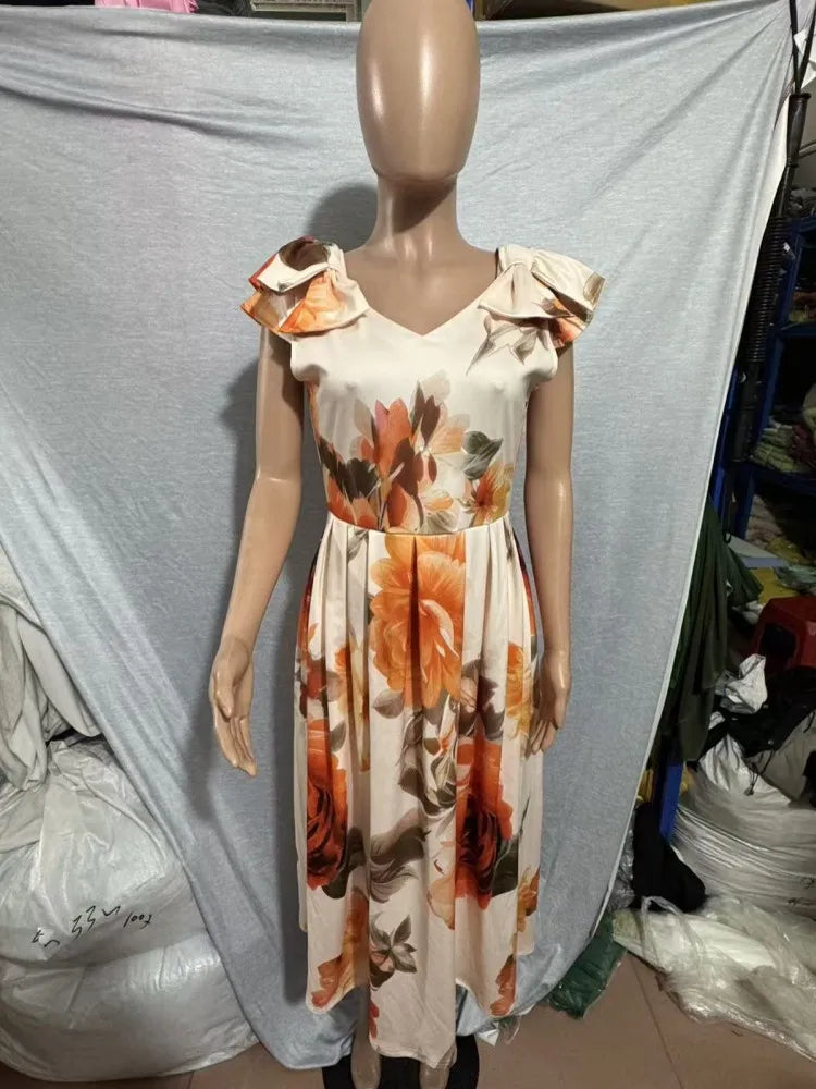 Satin Bowknot Strap Rose Floral Design Short Sleeve Flared Formal Dress
