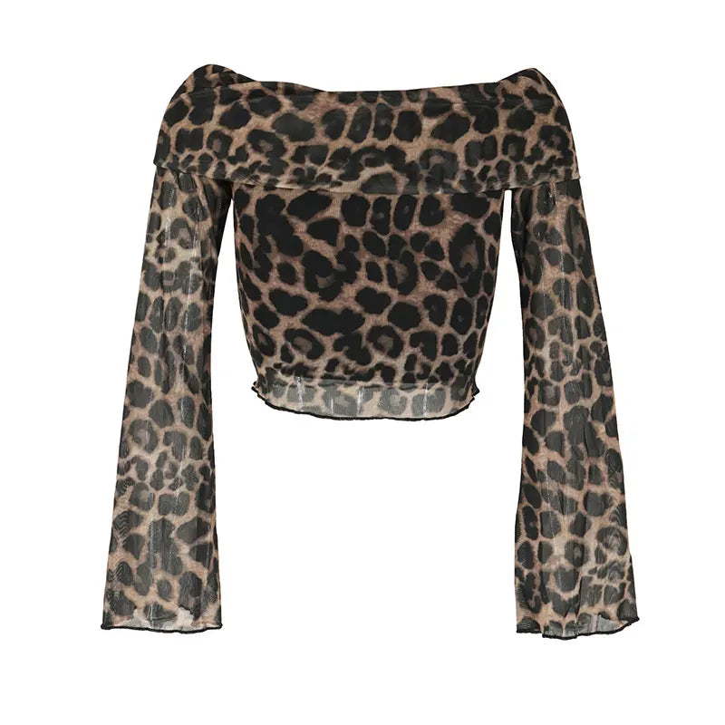 Leopard Print Off-the-Shoulder Streetwear Long Sleeve O-Neck Women's Shirt