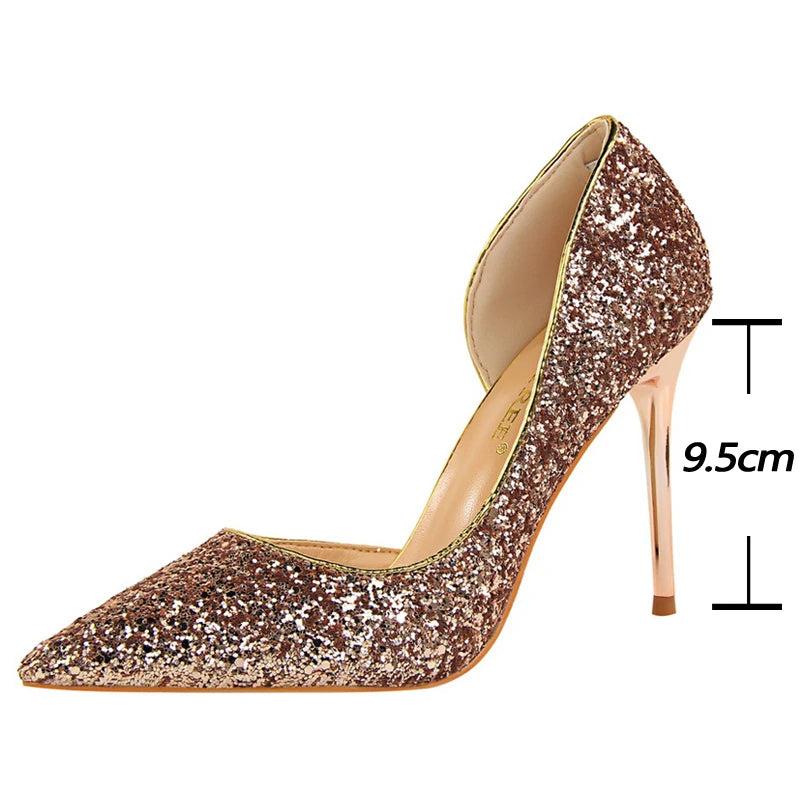 Sequin Glitter Metallic Stiletto High Metal Heel Bridal Pumps