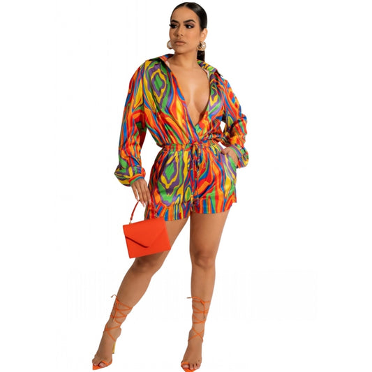 Rainbow Multicolored Long Sleeve Shorts Romper