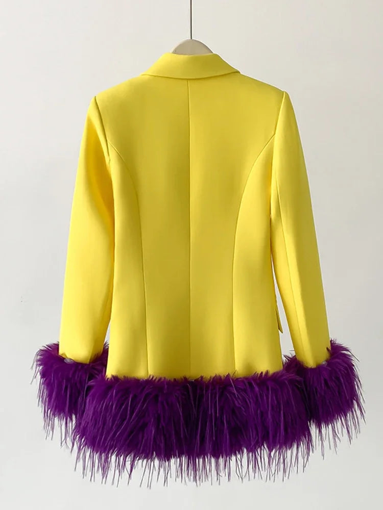 Yellow/Purple Designer Women's Single Button Feather Embellished Notched Collar Pocketed Blazer Jacket