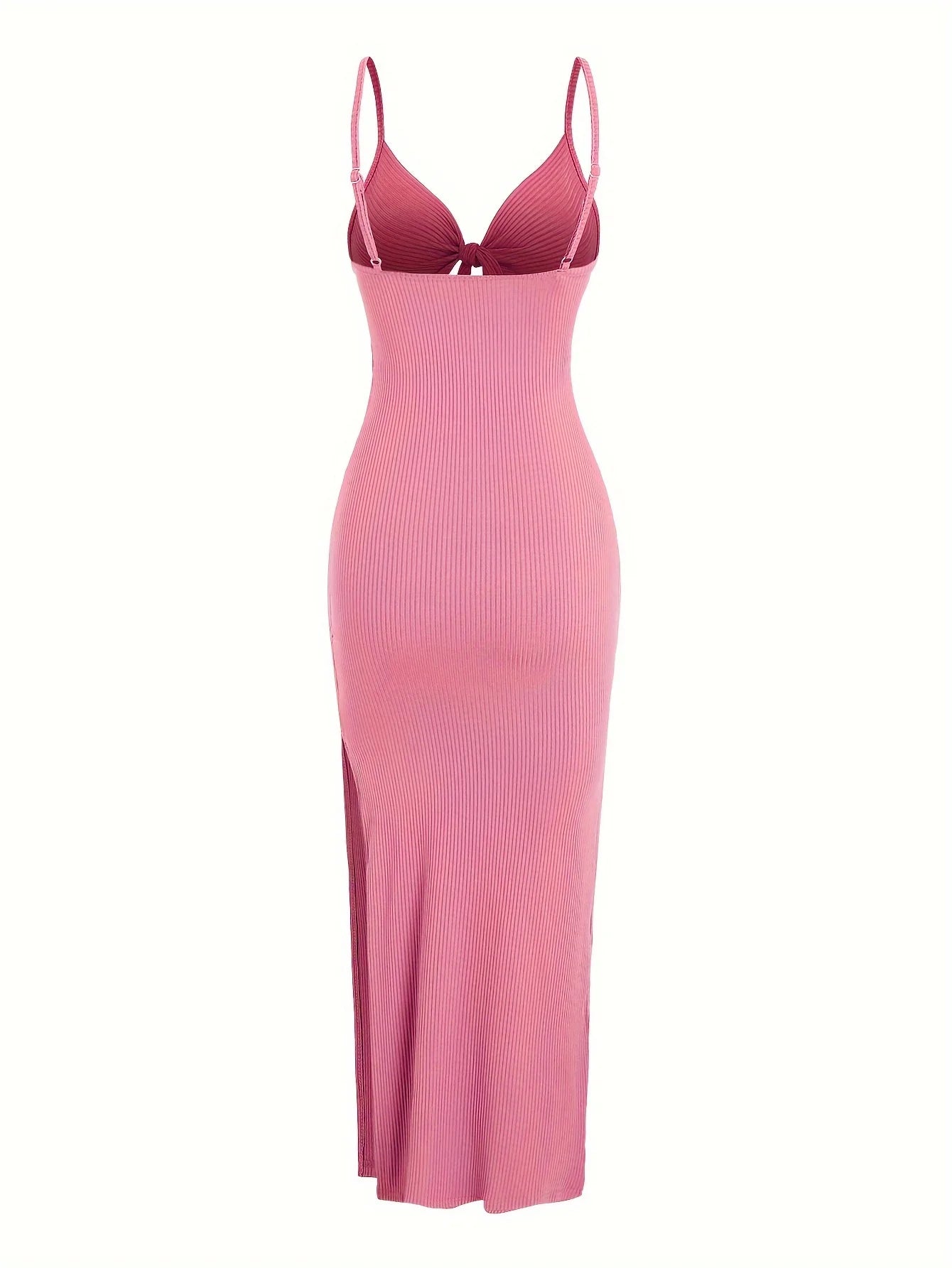 Ribbed Bowknot Design Spaghetti Strap V-Neck Knitted Sleeveless Solid Color High Slit Maxi Dress