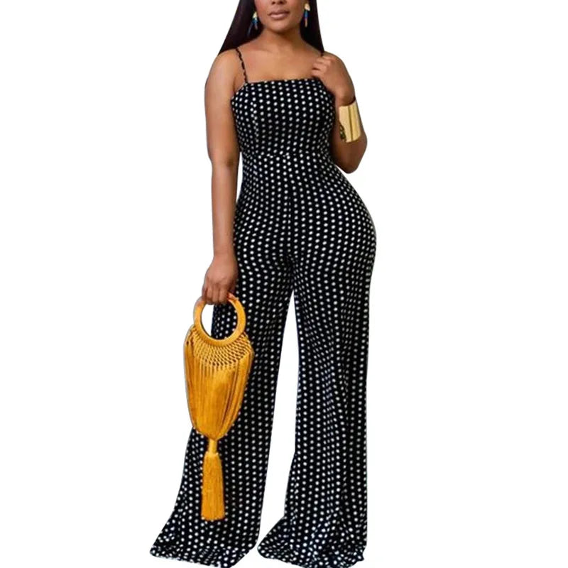 Polka Dot Square Neck Lace-Up Spaghetti Strap Backless Hollow-Out Wide Leg Jumpsuit