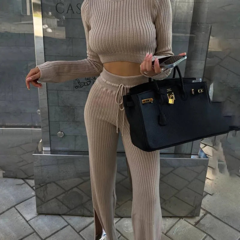 Ribbed Knitted Long Sleeve Crop Top + Lace Up Flare Pant Two Piece Set