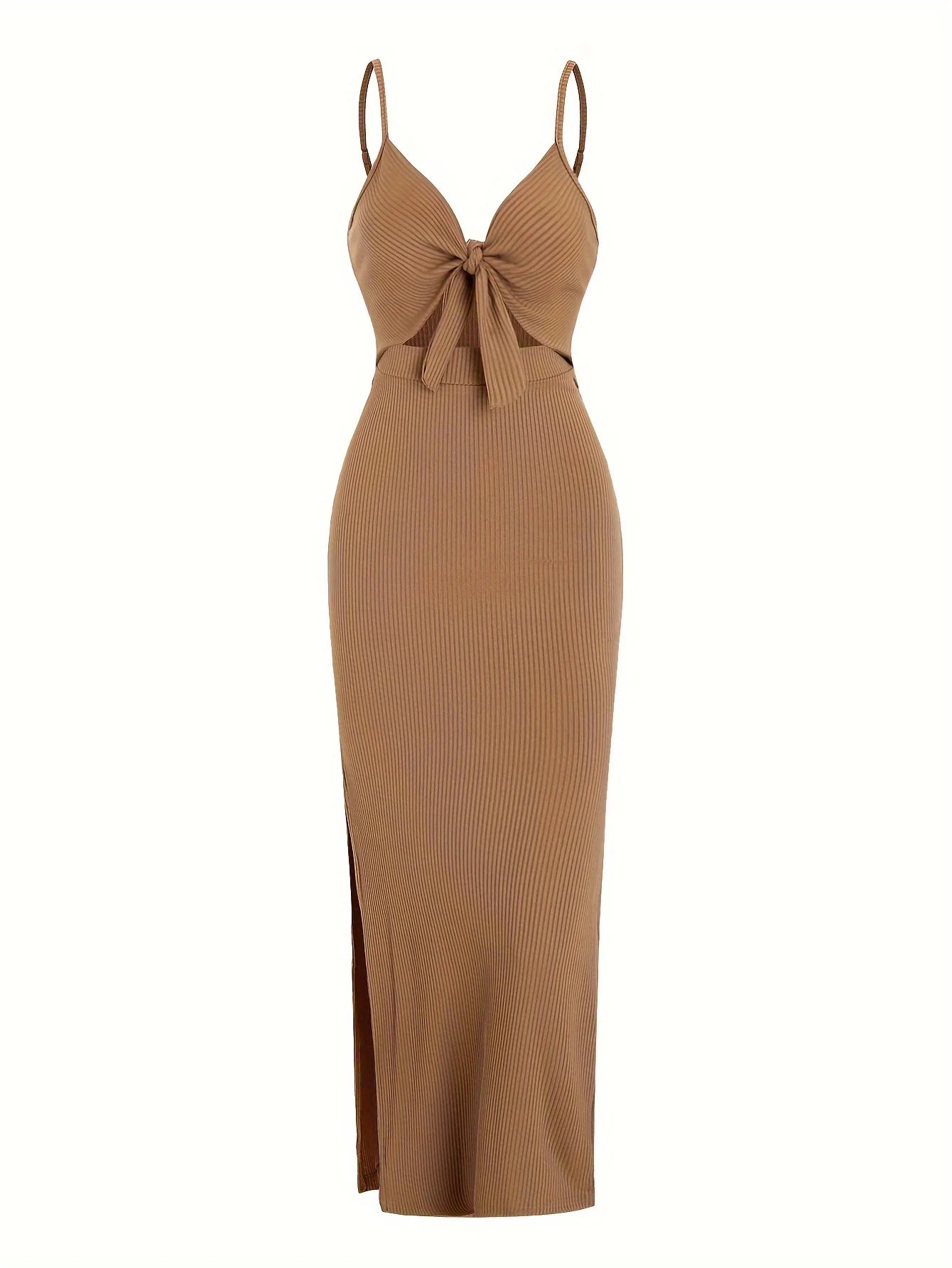 Ribbed Bowknot Design Spaghetti Strap V-Neck Knitted Sleeveless Solid Color High Slit Maxi Dress