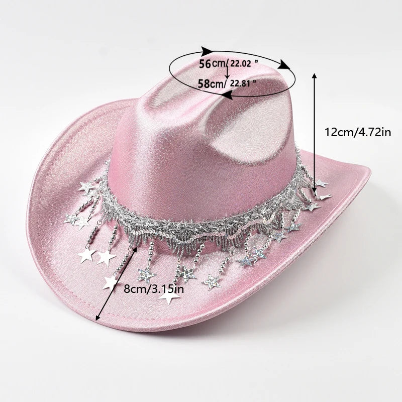 Sequin Rhinestone Metallic Tassel Fringe Women's Cowgirl Fedora Hat