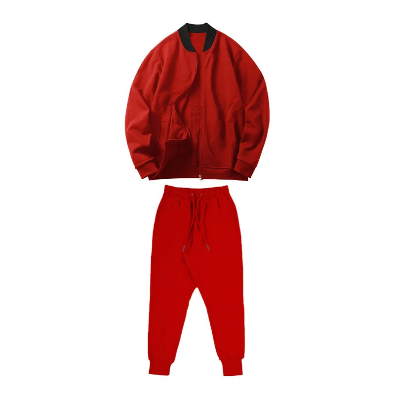 Men's O-Neck Colorblock Bomber Sweat Jacket + Drawstring Jogger Sweatpants Tracksuit