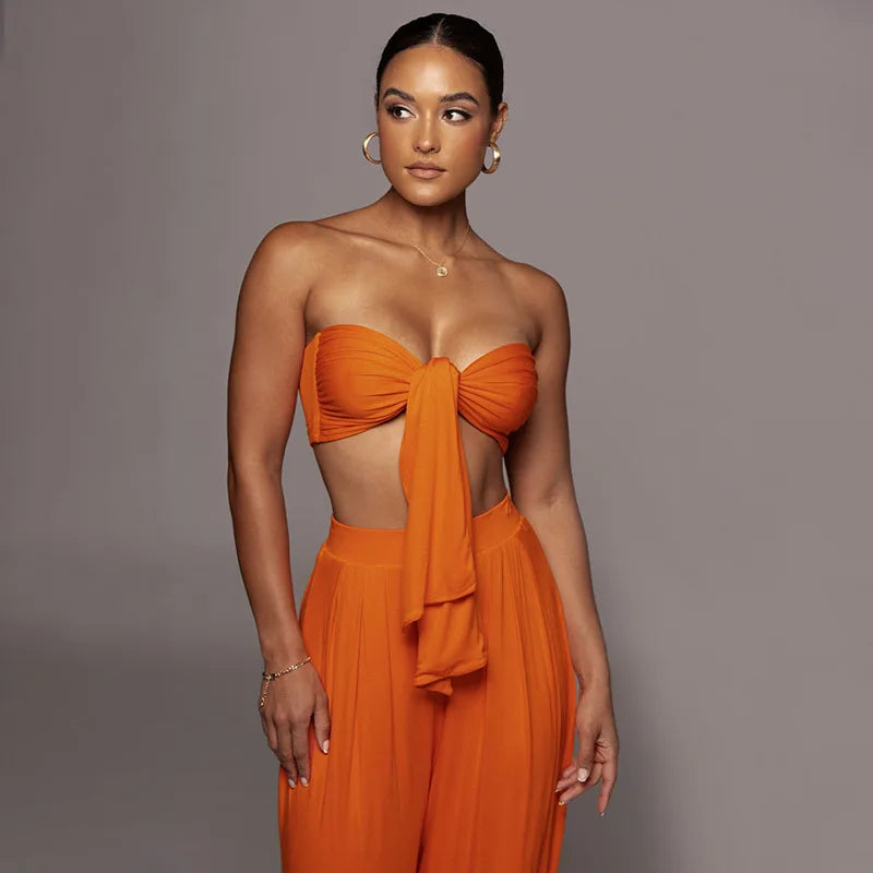 Sleeveless Bowknot Design Tube Top+ Wide Leg Pants Women's Solid Color 2-Piece Set