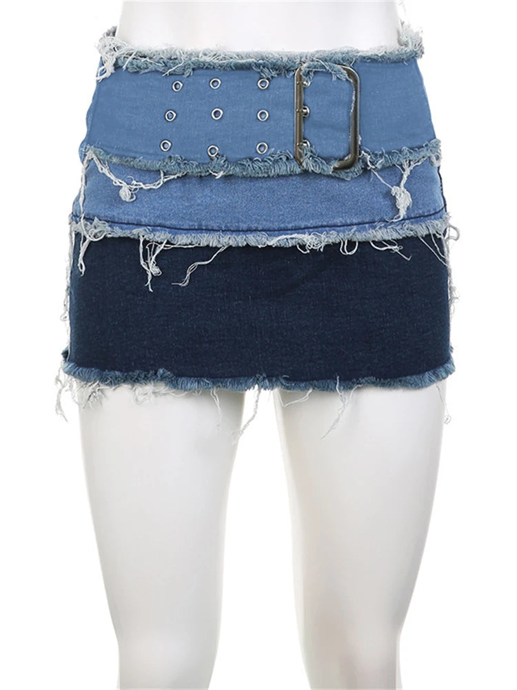 Blue Colorblock Strapless Belt Buckle Design Denim Cropped Bra + Belted Mini Jean Skirt 2-Piece Set